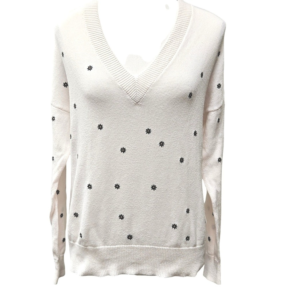 27 Miles Malibu Womens S Ivory Cotton V Neck Sweater Embroidered‎ Daisy Knit Top